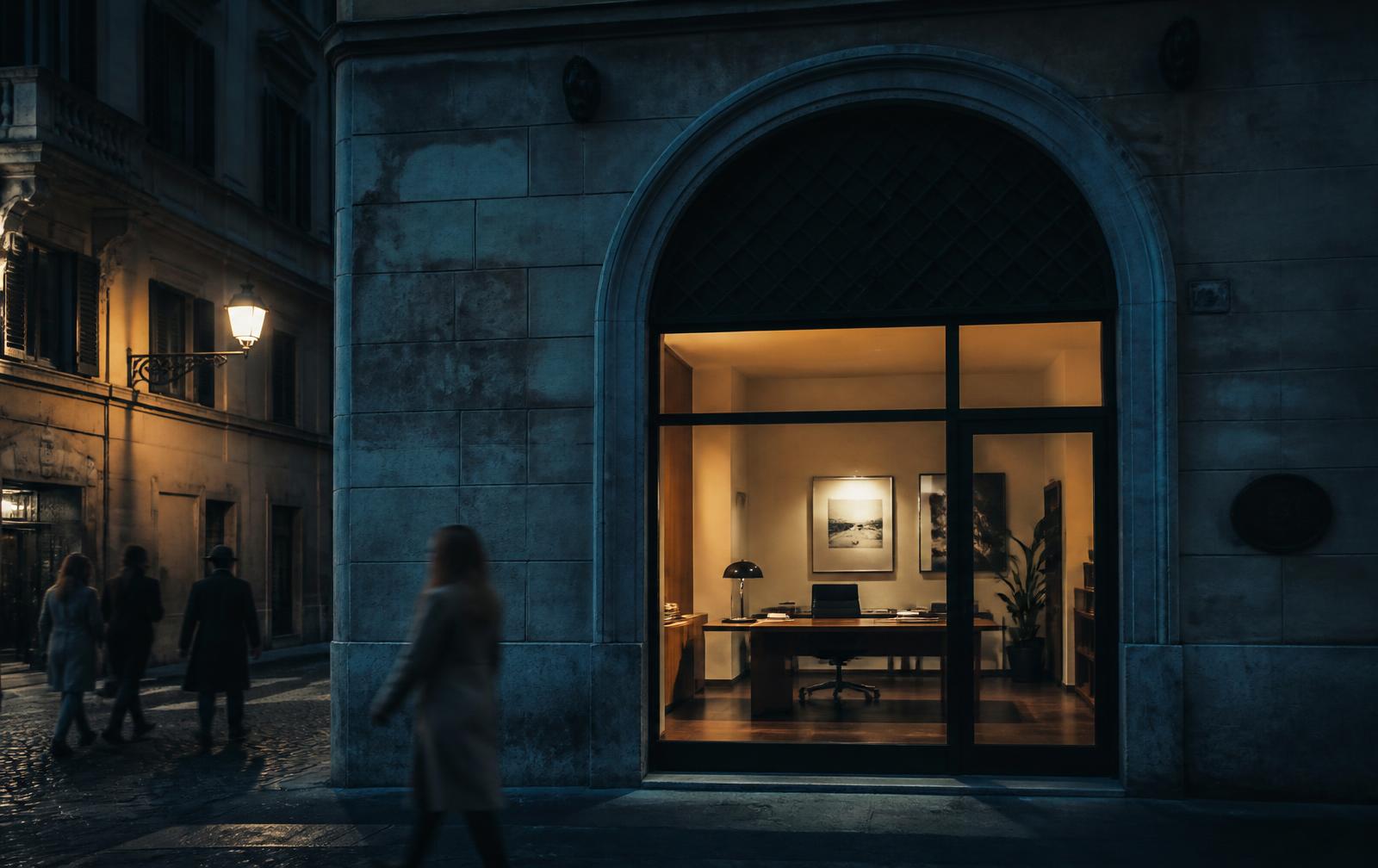 Ufficio illuminato di sera con persone che passano in strada